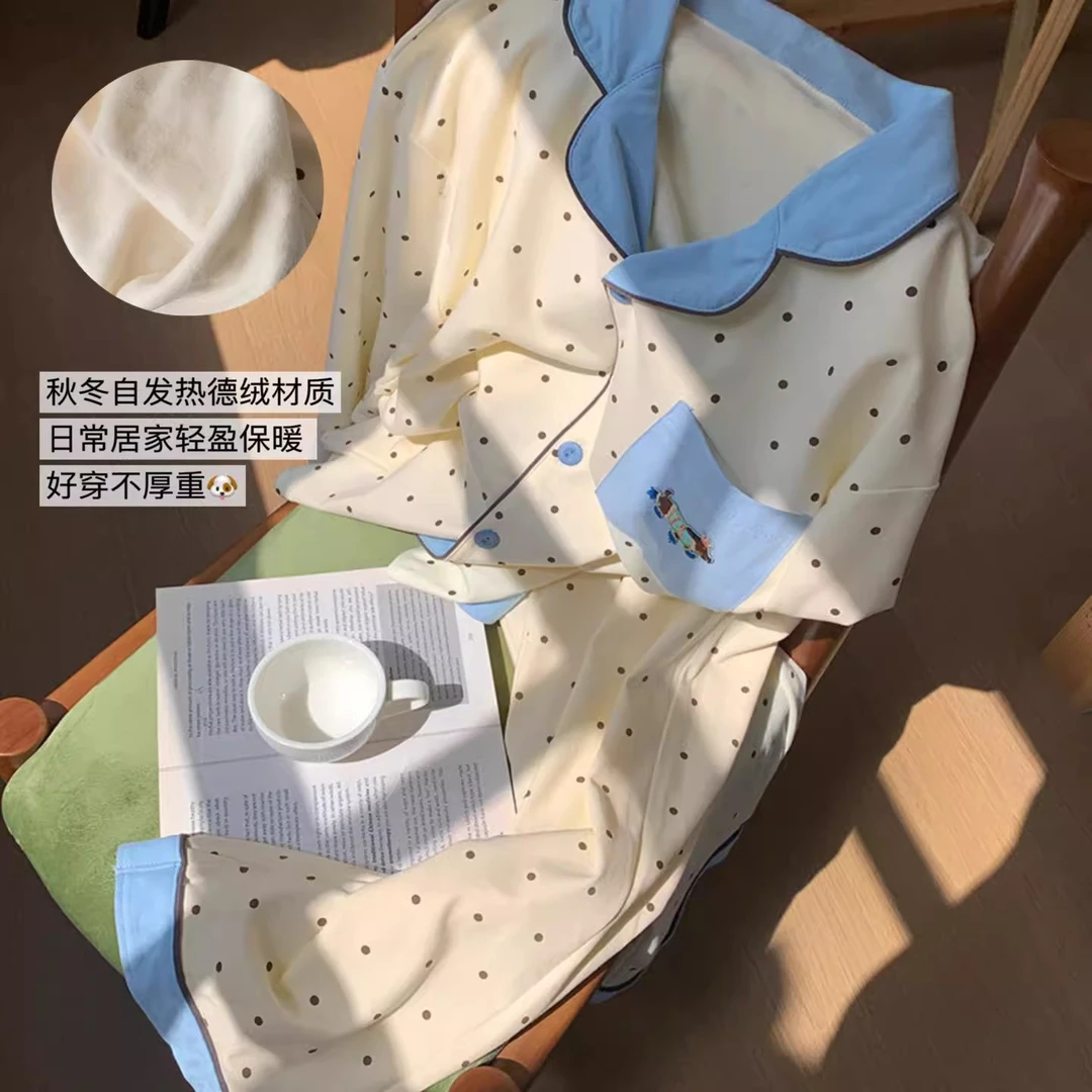 【清新彩点】磨毛加热德绒睡衣女宽松秋冬学生加厚套装可外穿家居服