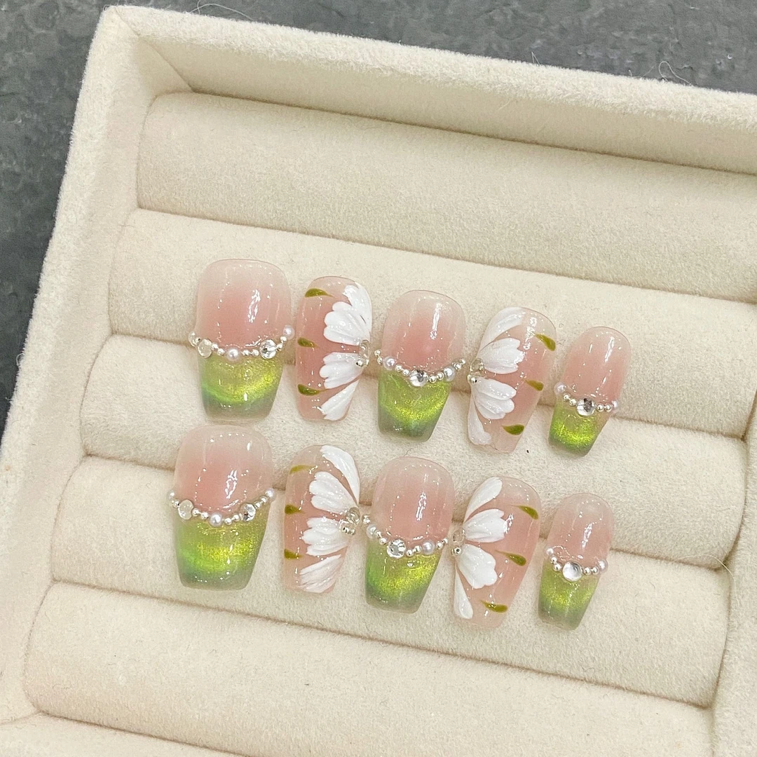 纯手工光疗穿戴甲绿精灵冰花穿戴甲成品重复使用美甲贴片款