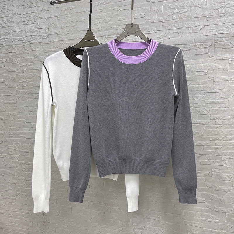 时尚羊毛100云感软糯撞色边线圆领长袖针织内搭舒适打底毛衣CEA69