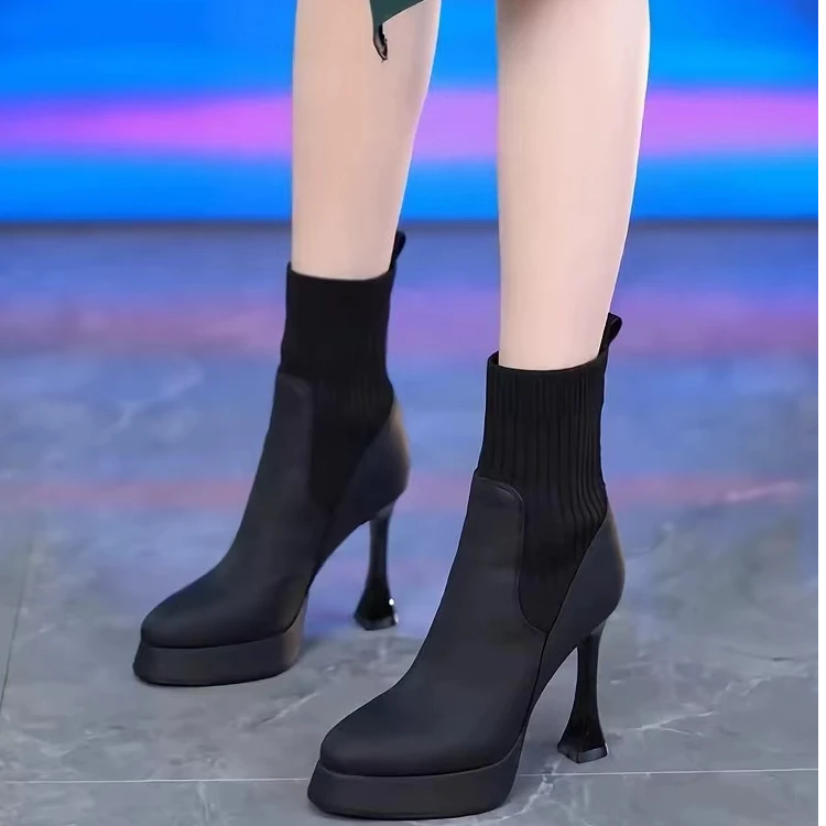 网红高跟瘦瘦靴女2025秋冬百搭针织弹力袜靴气质尖头细跟厚底短靴