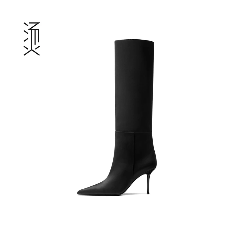 Feeeever/烫 社交女鞋黑绸缎直筒尖头高跟女长靴[孙雅miya]