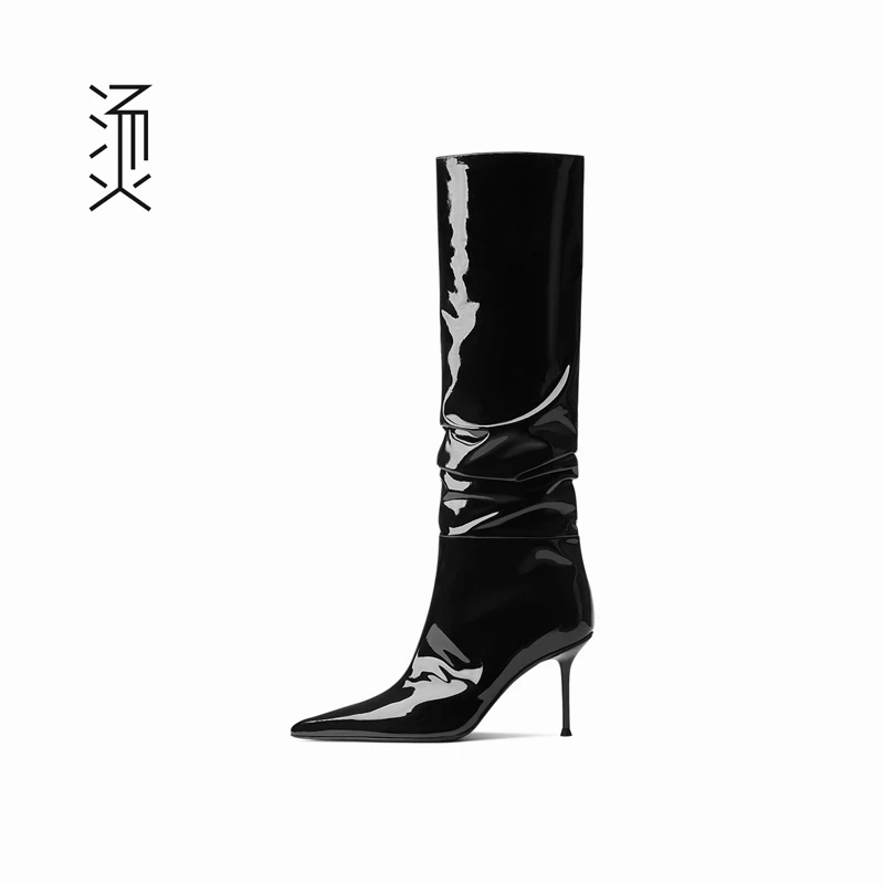 烫[自]黑色漆皮尖头亮面褶皱细高跟秋冬新款长筒及膝堆堆女靴时尚