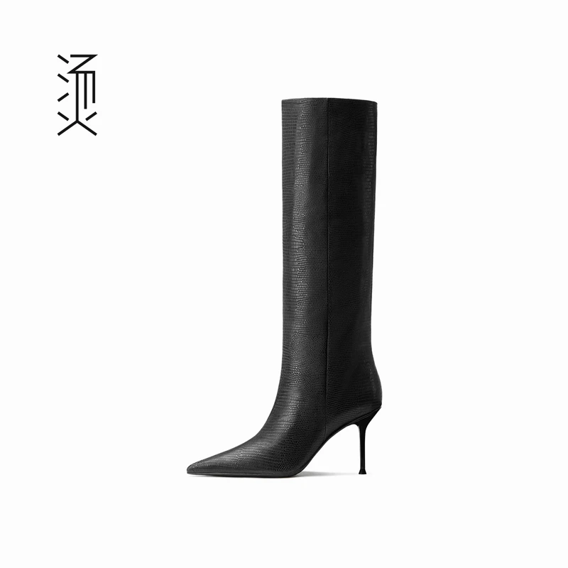 Feeeever/烫 社交女鞋黑蜥蜴纹牛皮细高跟尖头及膝靴[七爷May]