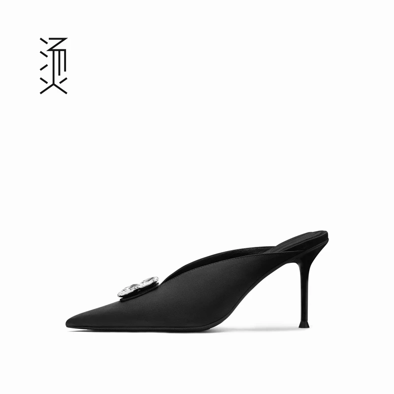 烫[自][新]黑色布面深V后空细高跟鞋时尚法式唯美水钻饰凉单女鞋
