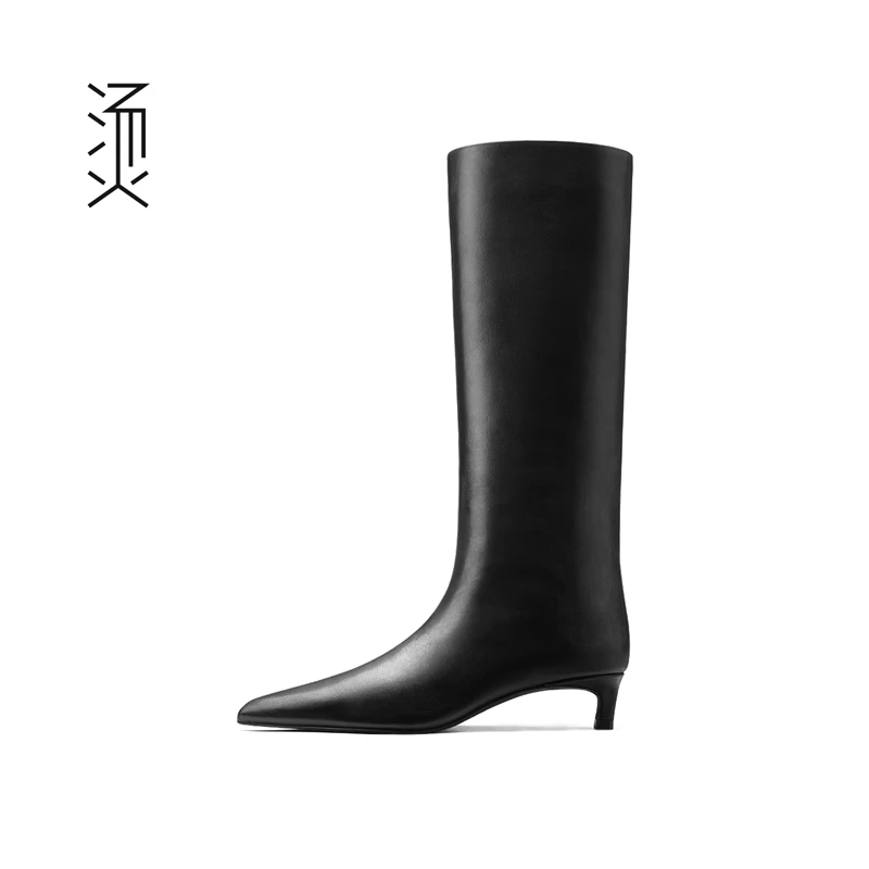 烫[自]黑色牛皮尖头矮低跟长筒靴秋冬新款休闲时尚小猫跟及膝女靴