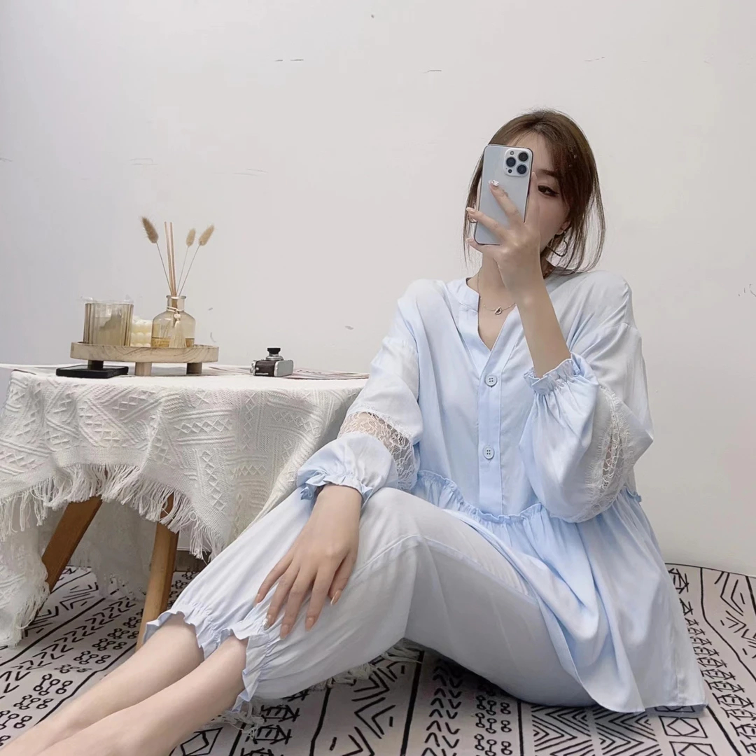 之前睡衣2023新款宽松舒适蕾丝拼接性感优雅薄款可外穿休闲家居服