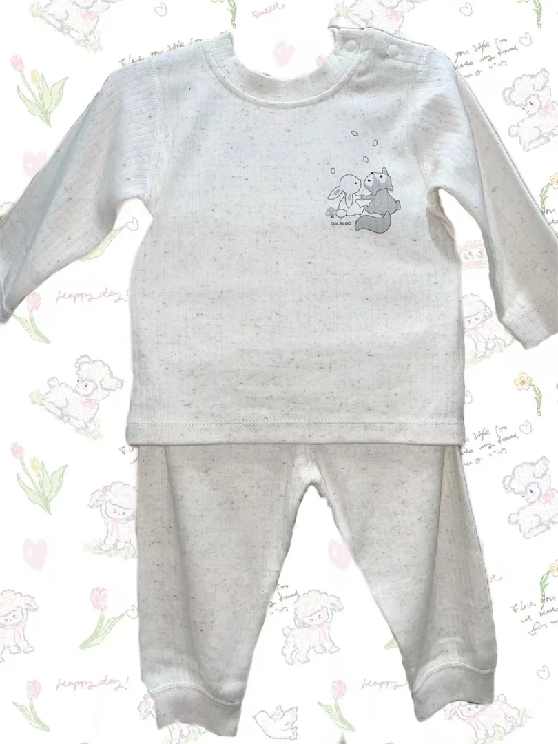 舒绒布小趣伙伴肩开套装婴儿长袖婴幼儿印花连体连体儿童秋衣裤