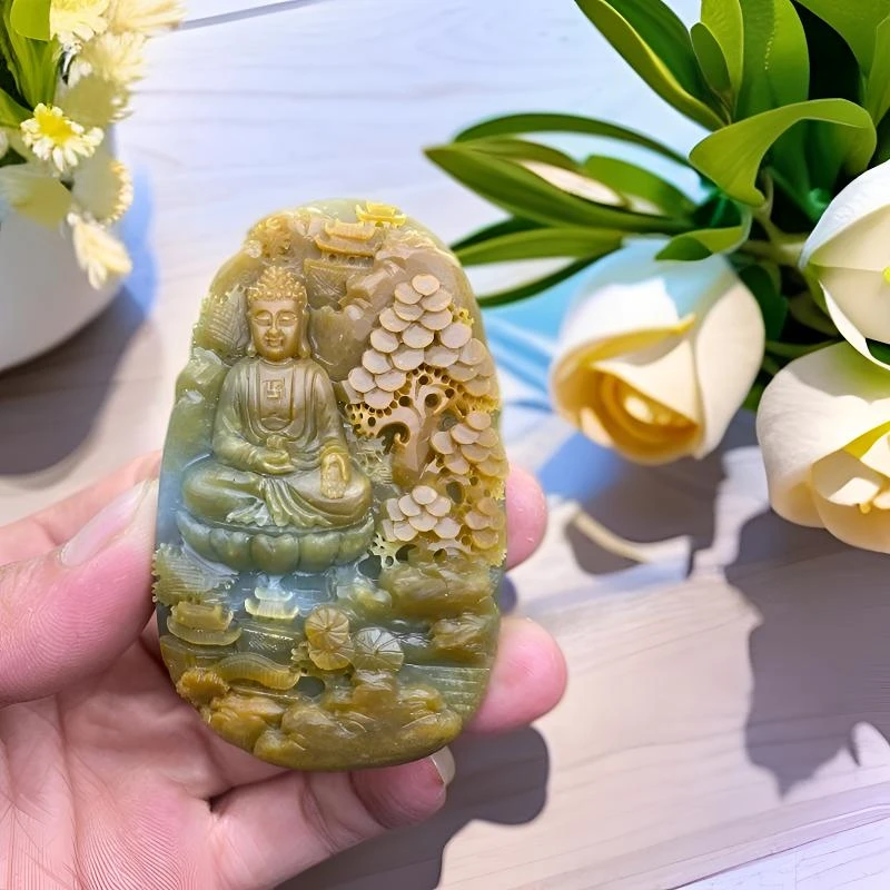 翡翠黄翡山水 阿弥陀佛生肖属狗猪守护神包抛光3天 尺寸71/4412.