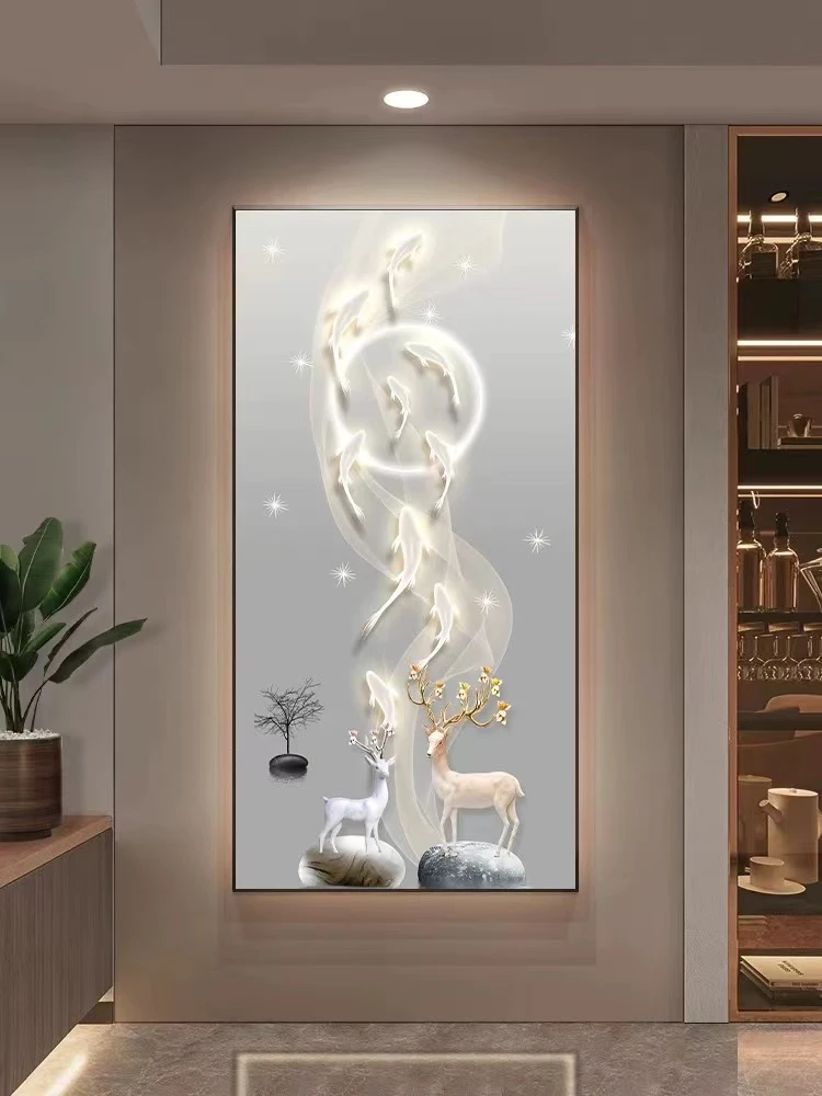 九鱼福鹿玄关装饰画现代简约走廊过道挂画入户设计壁画轻奢墙画