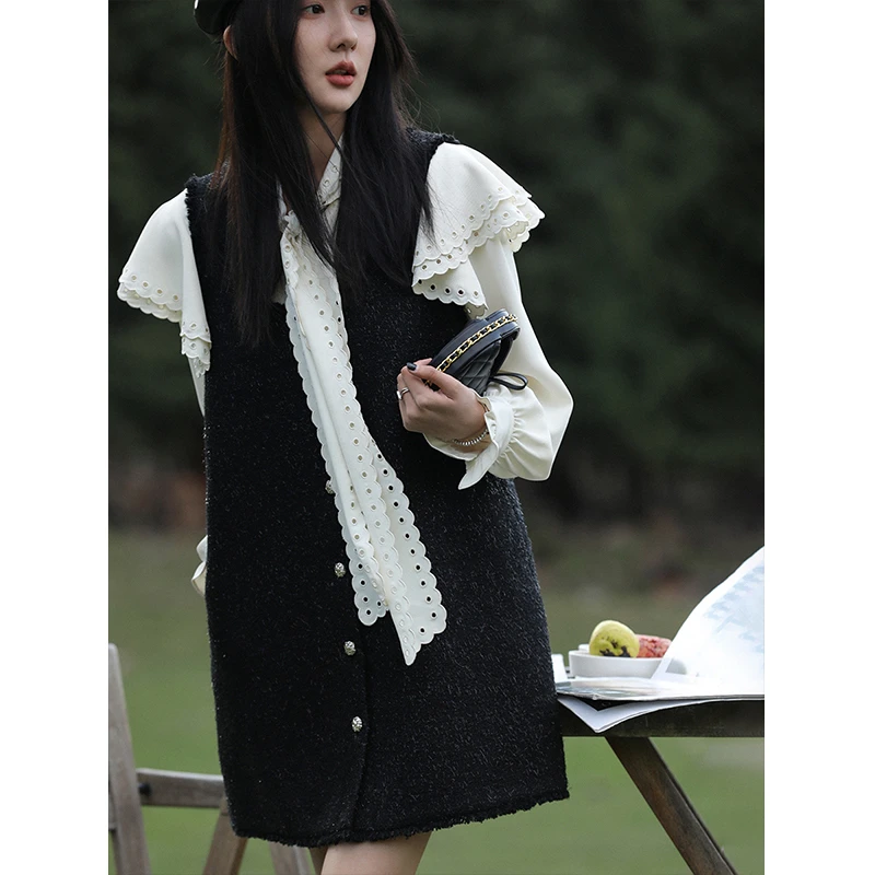 暗夜香槟法式复古圆领粗花呢背心气质连衣裙女