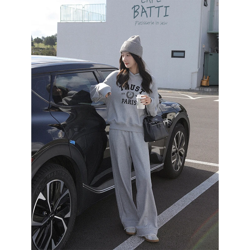 美式周末 棉韩版连帽卫衣/高腰直筒卫裤女冬