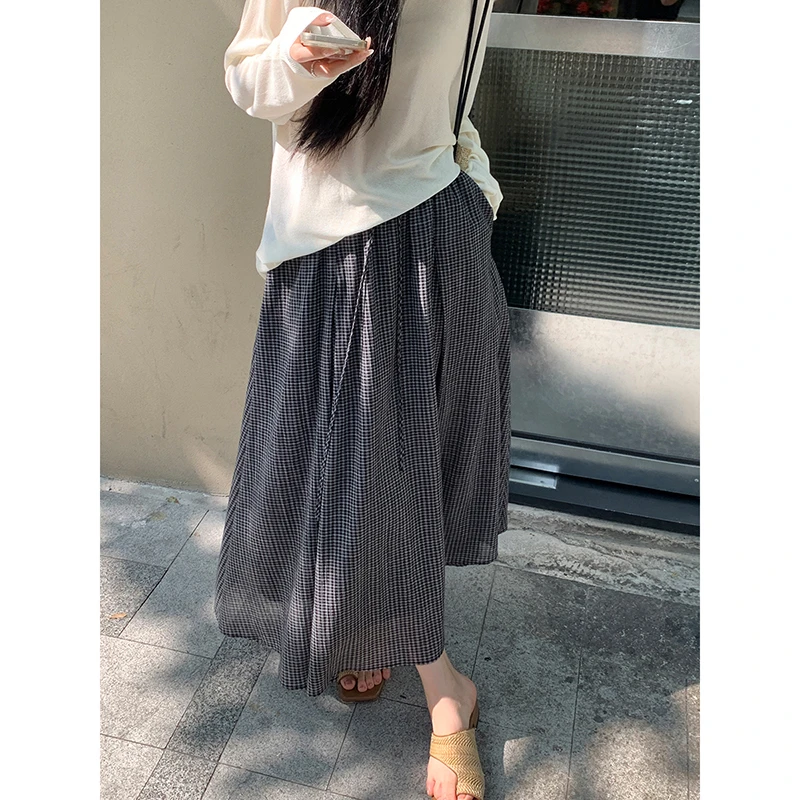 夏诗文格纹游戏全棉肌理感中长款半身裙女夏季高腰格子裙