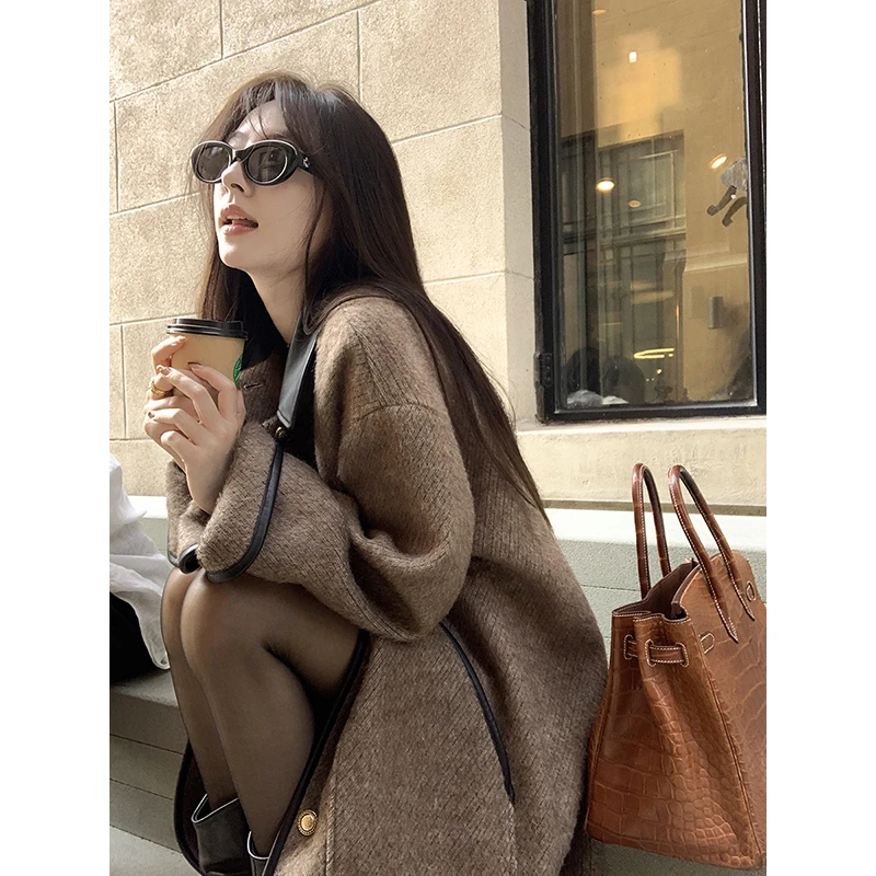 松林木屋 羊毛单面呢大衣撞色PU翻领外套冬