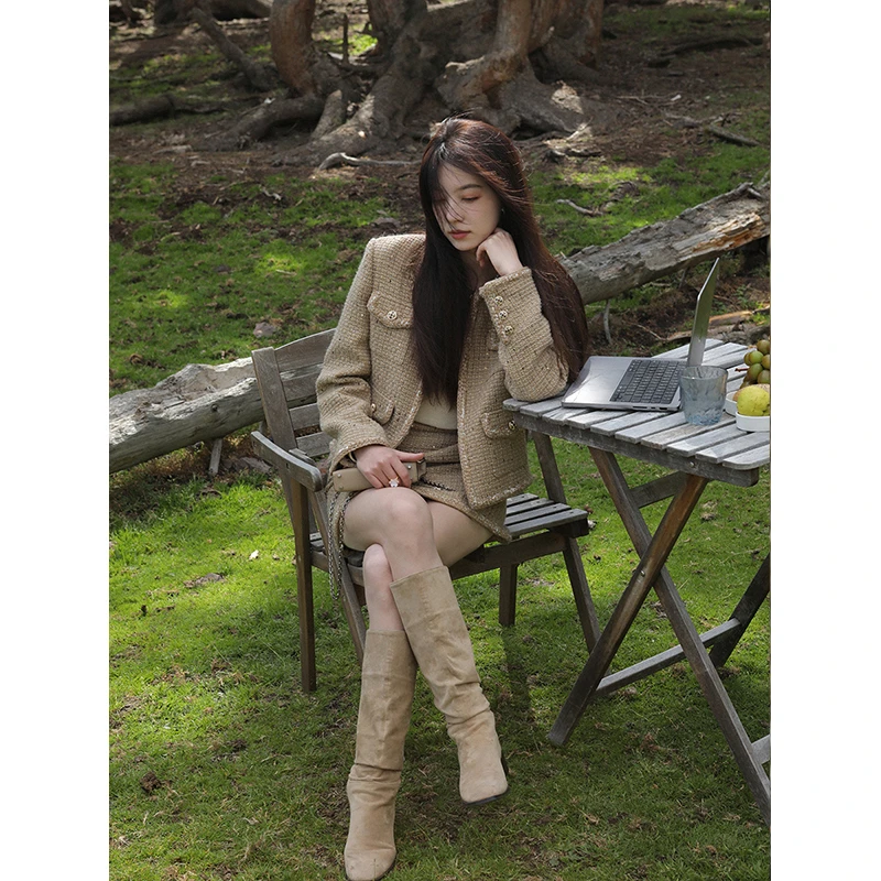 黑金荣耀名媛风圆领粗花呢外套/冬季半身裙女秋
