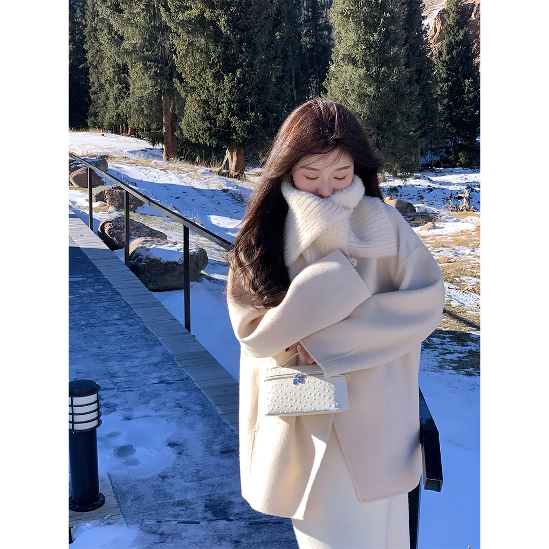 夏诗文 10骆马绒90绵羊毛双面呢外套女冬季羊驼毛大翻领毛呢大衣