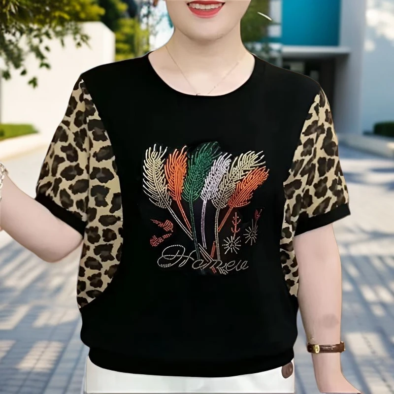大码短袖t恤女中年妈妈装设计感夏季时尚圆领遮肚子上衣洋气小衫