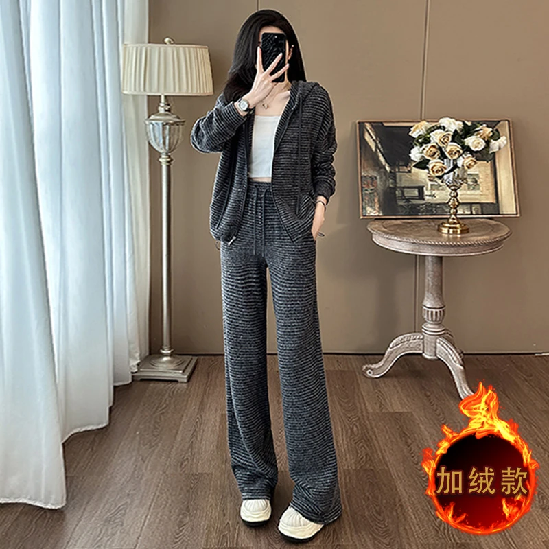 YZ72025春款时尚休闲秋冬运动套装女洋气减龄黑色条纹卫衣套装