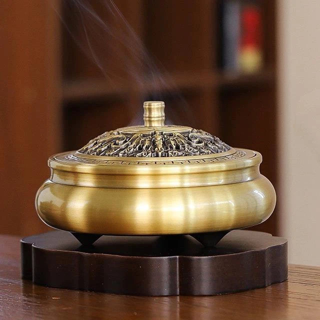 纯铜香炉蚊香炉熏香香薰蚊香盒除臭创意带盖防火盘托驱蚊盘香摆件