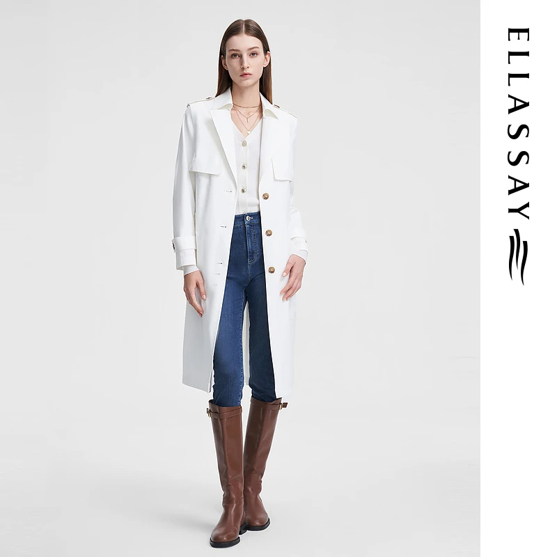 ELLASSAY歌力思春新款流光风轻机能白色利落剪裁风衣EWW351F00800