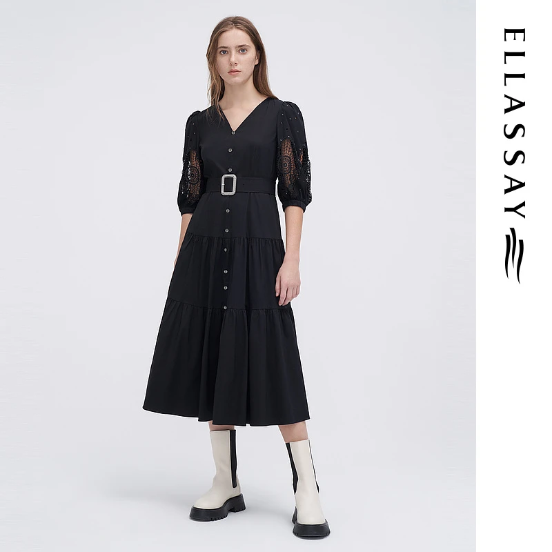 ELLASSAY歌力思夏季复古黑色赫本连衣裙EWW342Y13400