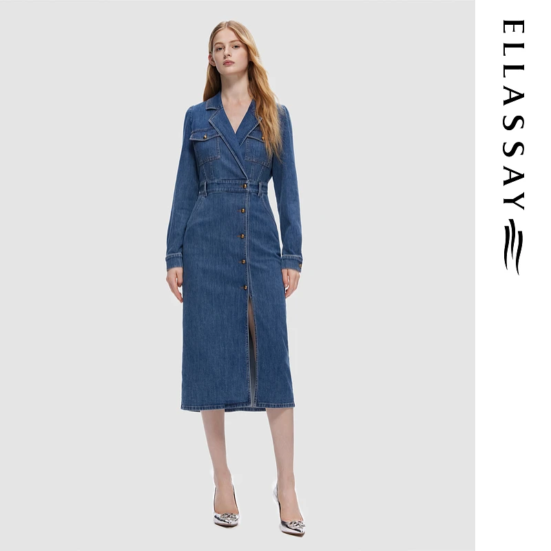 ELLASSAY歌力思新款流光风机能百搭翻领牛仔连衣裙EWD353N01100