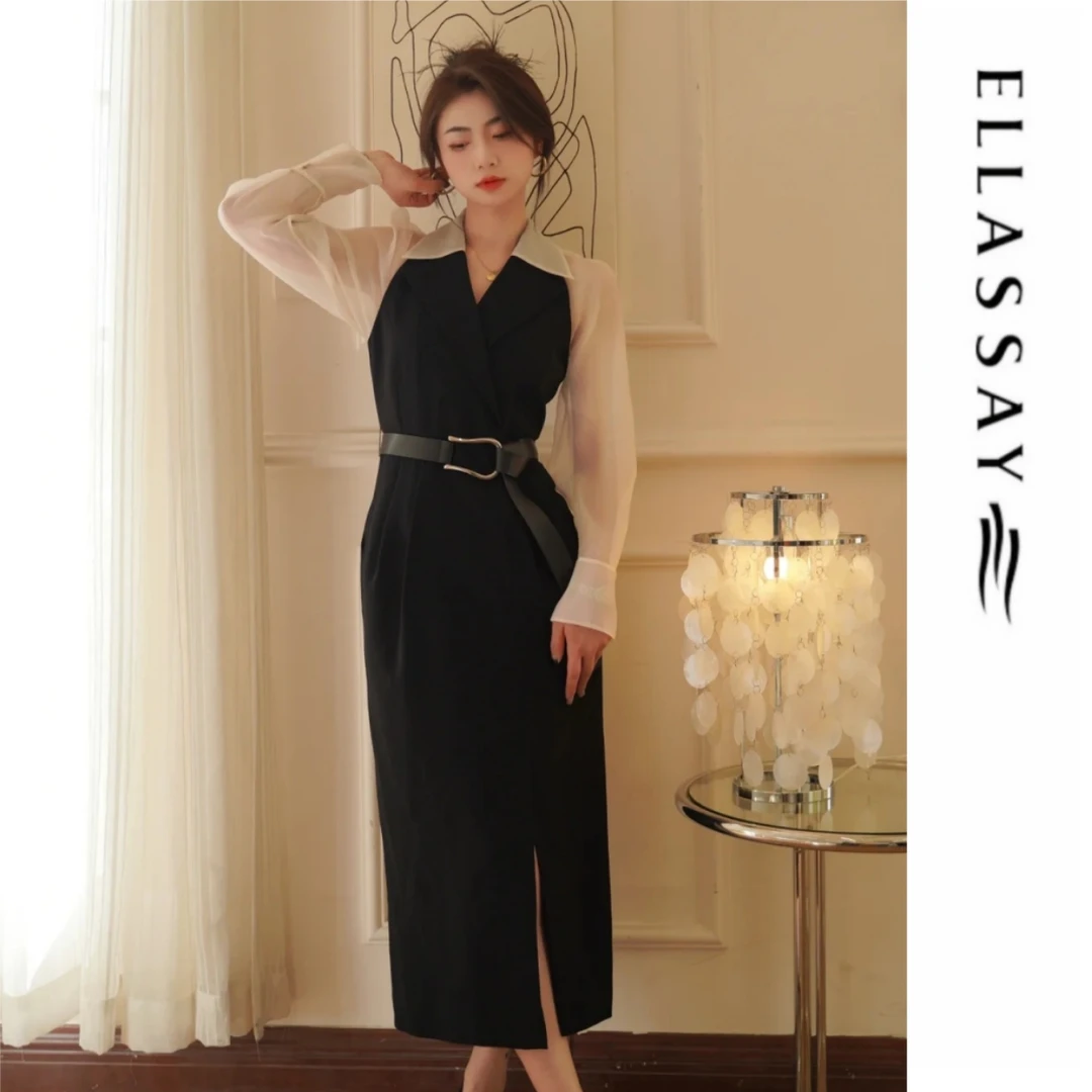 ELLASSAY歌力思时装周款小黑裙赫本风收腰拼接连衣裙EWF355Y18100