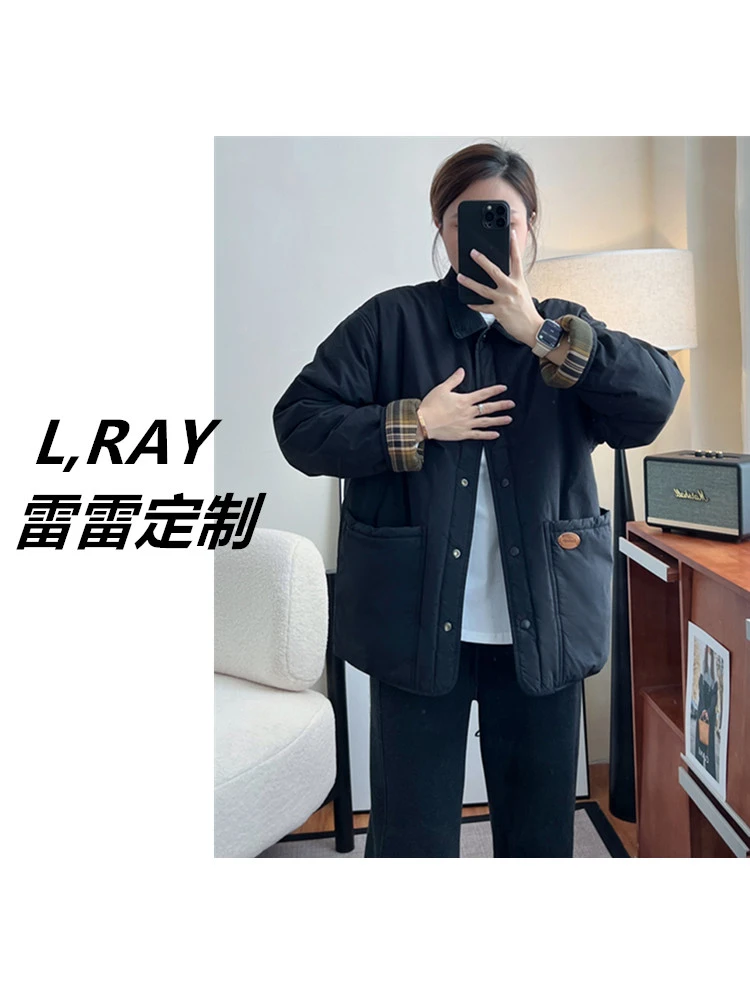 L.RAY-2设计感大口袋翻领撞色加厚宽松工装棉服外套