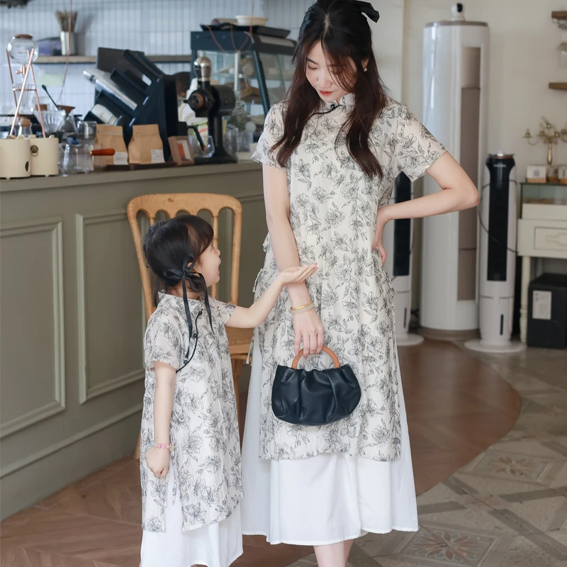 亲子装母女连衣裙短袖两件套国风2024夏季新款新中式旗袍女童裙子