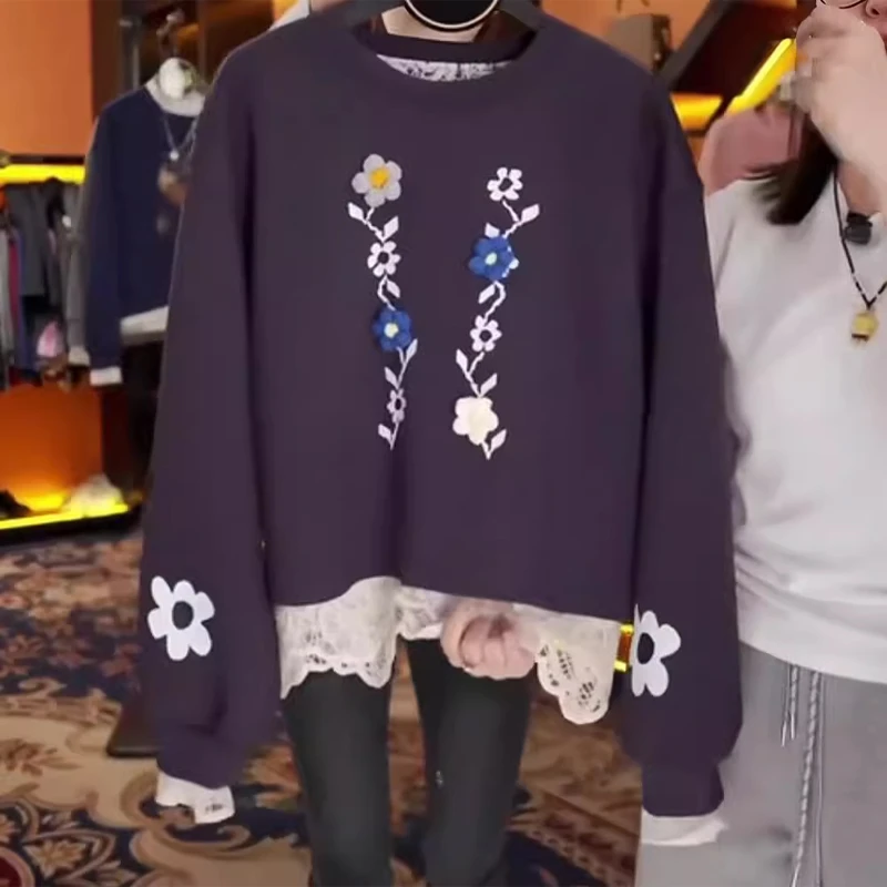 假两件卫衣女士秋冬2024新款时尚洋气减龄宽松拼接蕾丝打底衫上衣