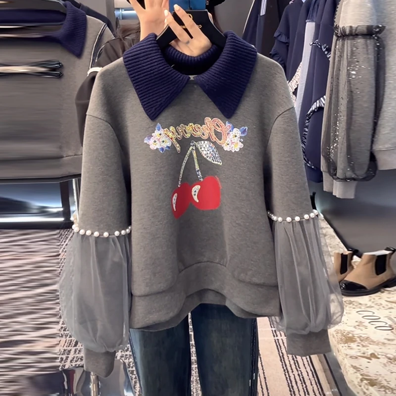 灰色加绒卫衣女士2024秋冬季新款时尚洋气减龄宽松加厚假两件上衣