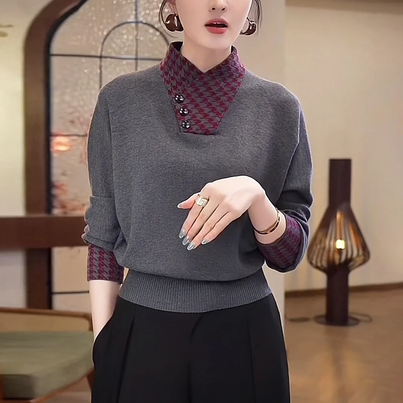 女士秋冬灰色毛衣慵懒风高级感洋气宽松显瘦半高领打底针织衫上衣