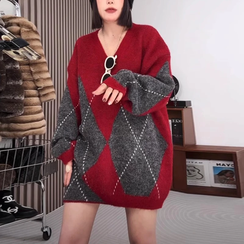 菱格V领毛衣套装女秋冬2025新款高级感宽松显瘦半身裙短裙两件套
