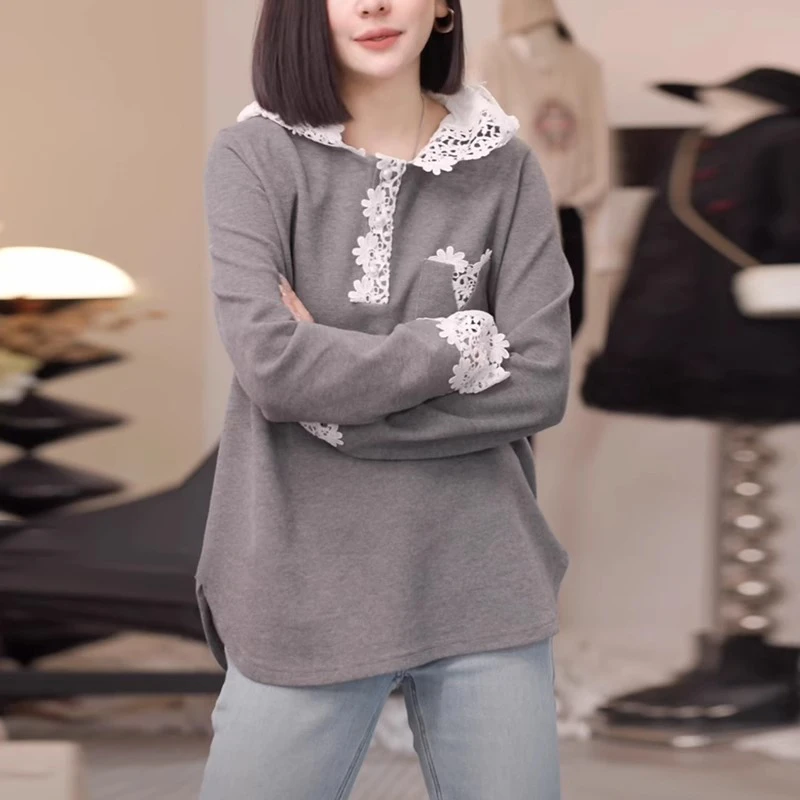 灰色连帽卫衣女秋冬2025新款时尚洋气宽松减龄蕾丝拼接打底衫上衣