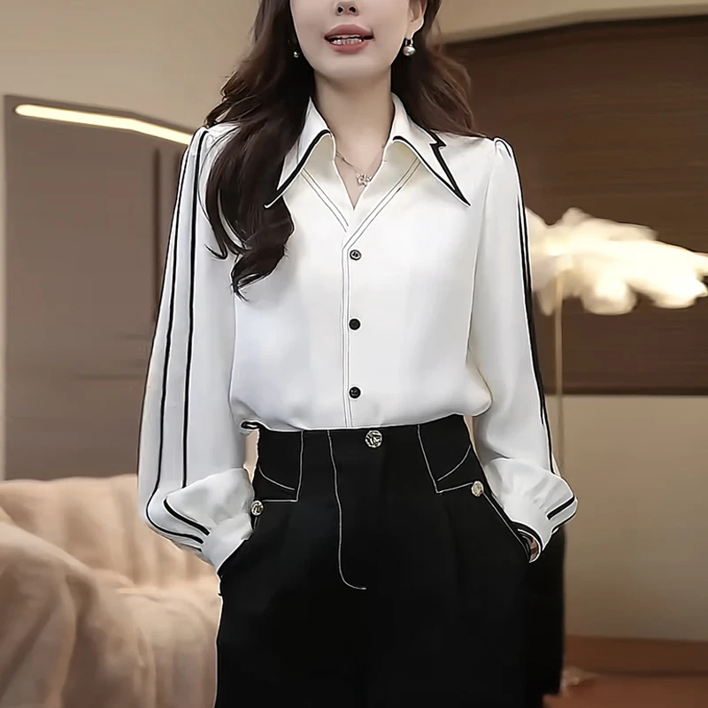 白色衬衫女长袖2025秋季新款高级感时尚减龄休闲显瘦气质V领上衣