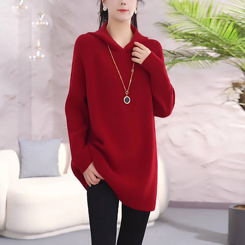 针织衫女秋冬加厚中长款遮屁股洋气宽松大码简约连帽新年红色毛衣