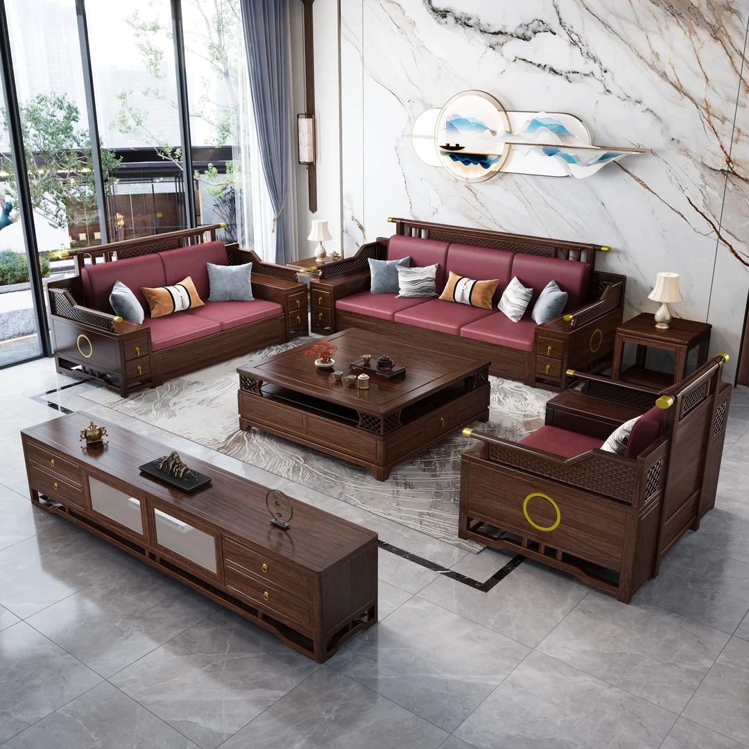 8803#新中式乌金木1+2+3冬夏全套中式沙发客厅全套