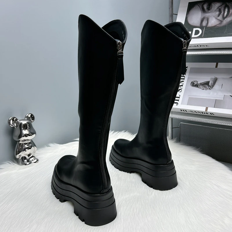 厚底马丁靴女增高7cm长靴小个子不过膝骑士靴棉胖mm加宽肥2大码41