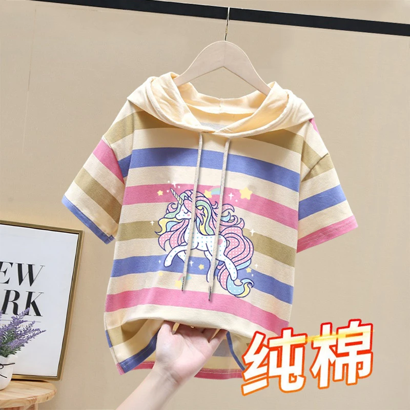 女童洋气上衣中大童韩版100%纯棉短袖连帽t恤夏季新款印花打底衫
