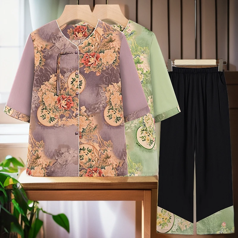 妈妈夏装套装七分袖中老年女装七分袖衬衫中式奶奶开衫上衣两件套