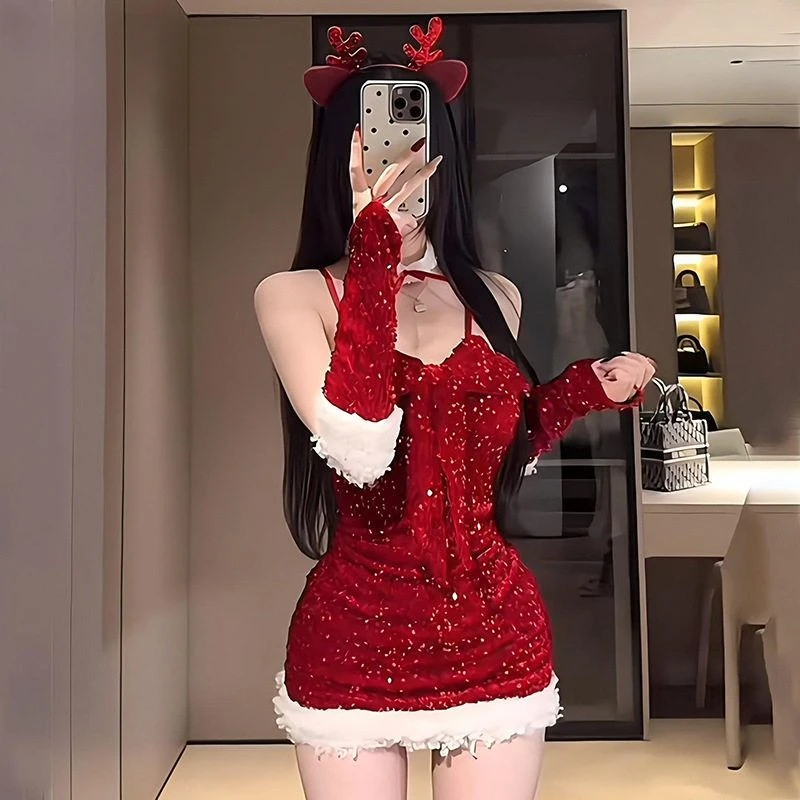 情趣性感圣诞装睡裙兔女郎诱惑套装舞台新年战袍红色睡衣