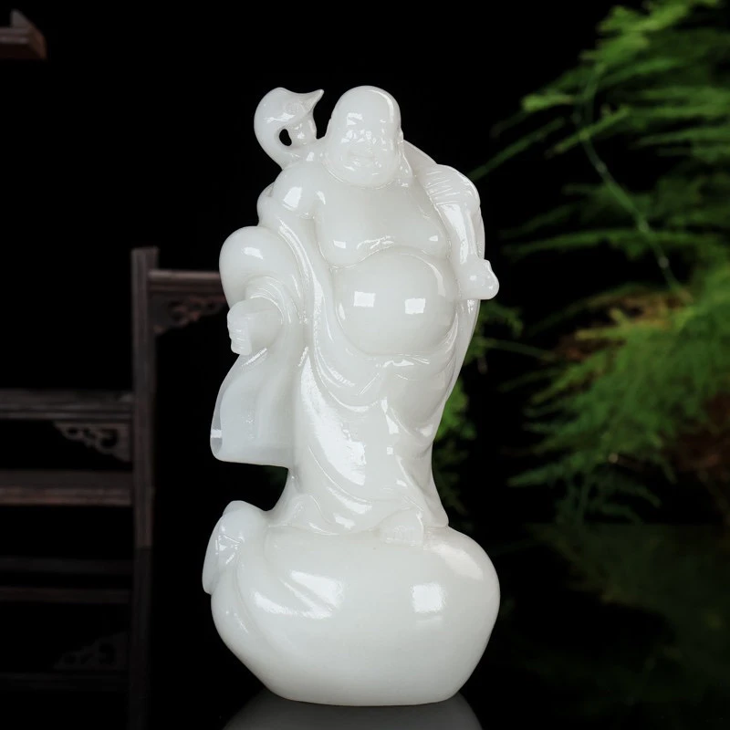 玉石玉弥勒佛像摆件金钱袋站佛大肚佛电视柜客厅玄关装饰礼品祝福