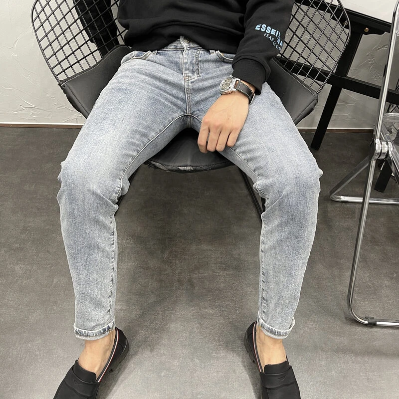 冬款底抓毛薄绒加厚水洗浅蓝修身小脚九分裤潮牌时尚百搭弹力牛仔