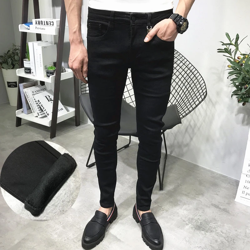 冬季新款纯黑色加绒加厚保暖牛仔裤男潮流时尚百搭弹力修身小脚裤