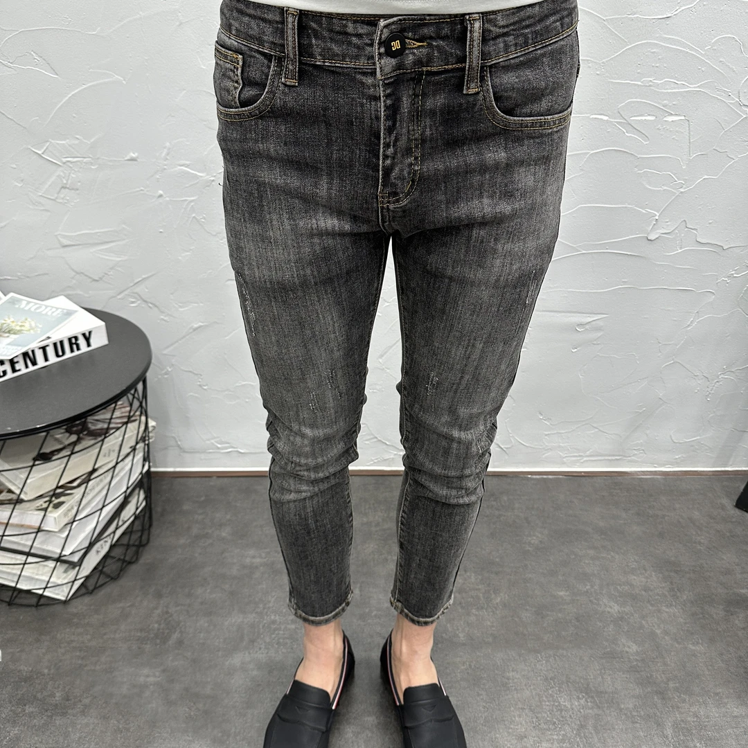 秋季新款黑黄水洗弹力九分牛仔裤男潮流时尚百搭韩版灰色小脚休闲