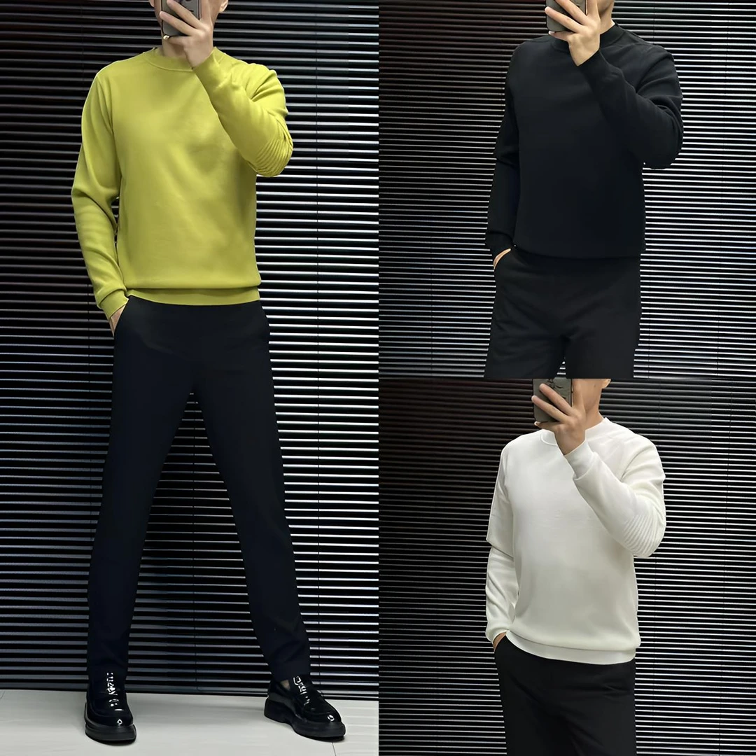 2024男士秋冬轻奢休闲时尚百搭修身潮流纯色长袖圆领针织衫