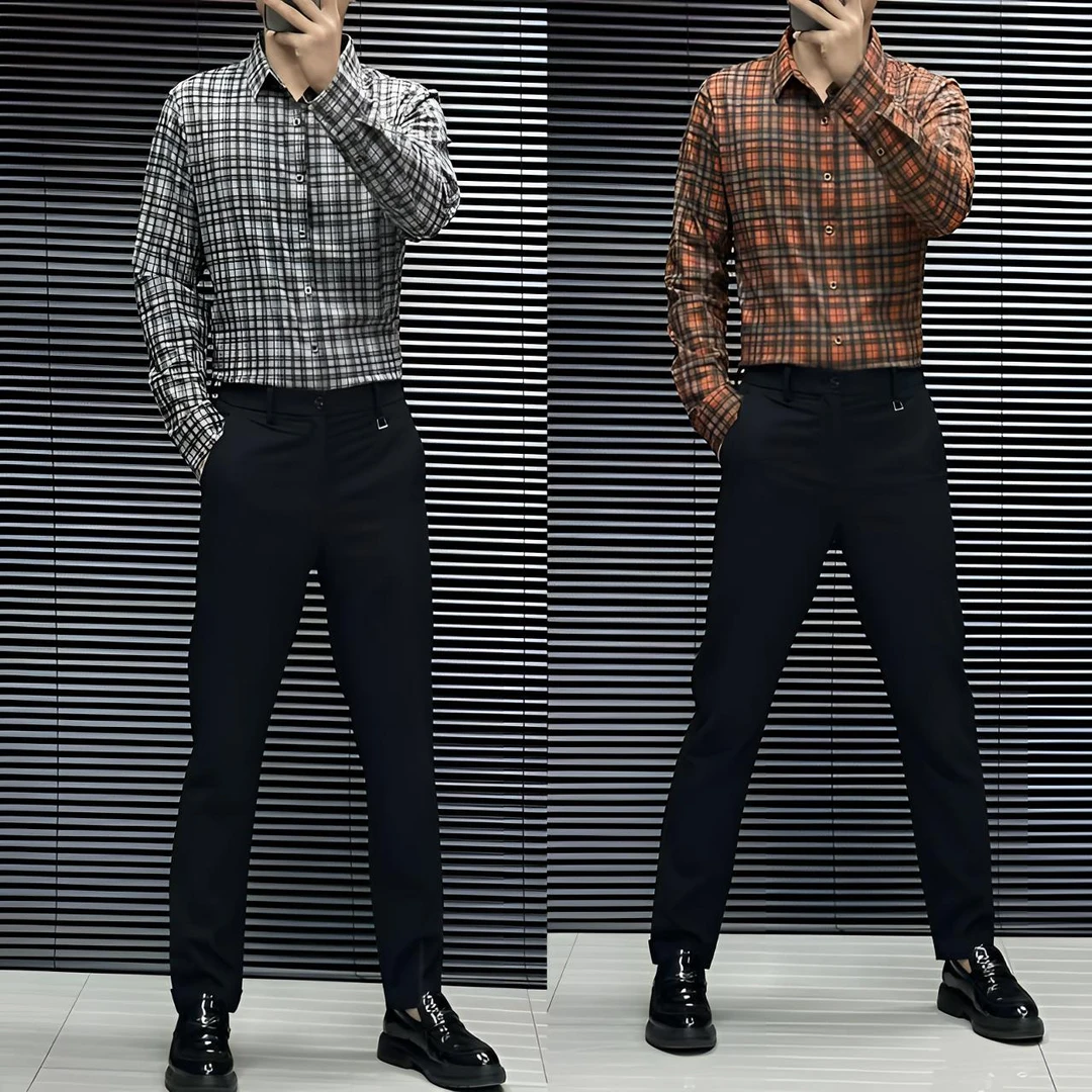 男士轻奢休闲时尚百搭修身高弹无缝免烫格子衬衫