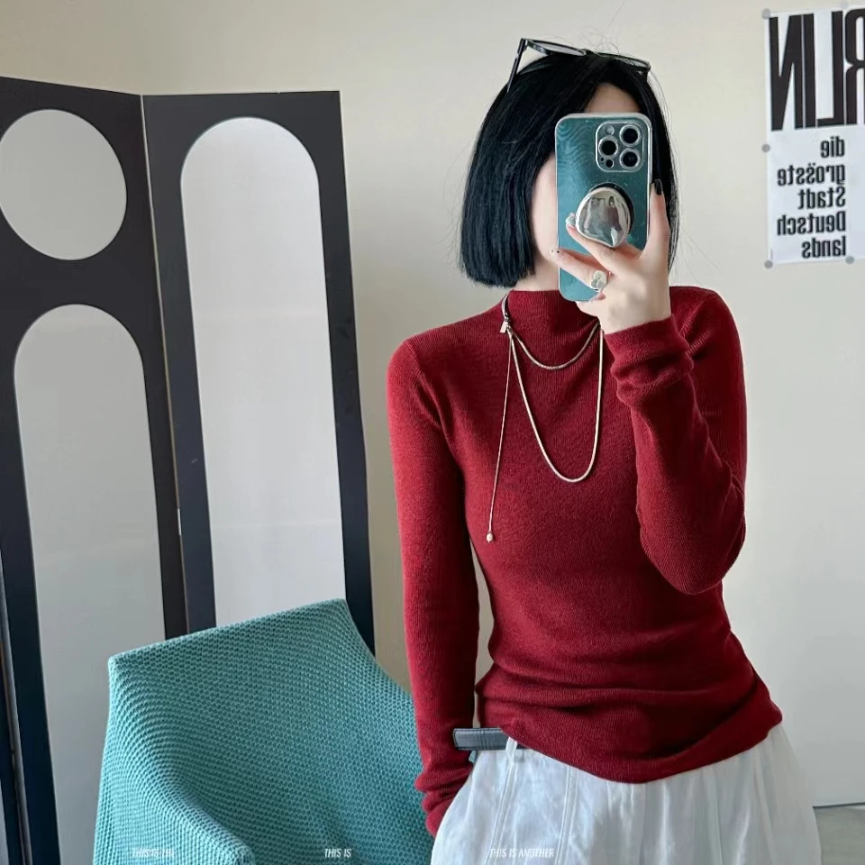 秋冬季女士半高领针织打底衫修身纯色百搭保暖长袖636