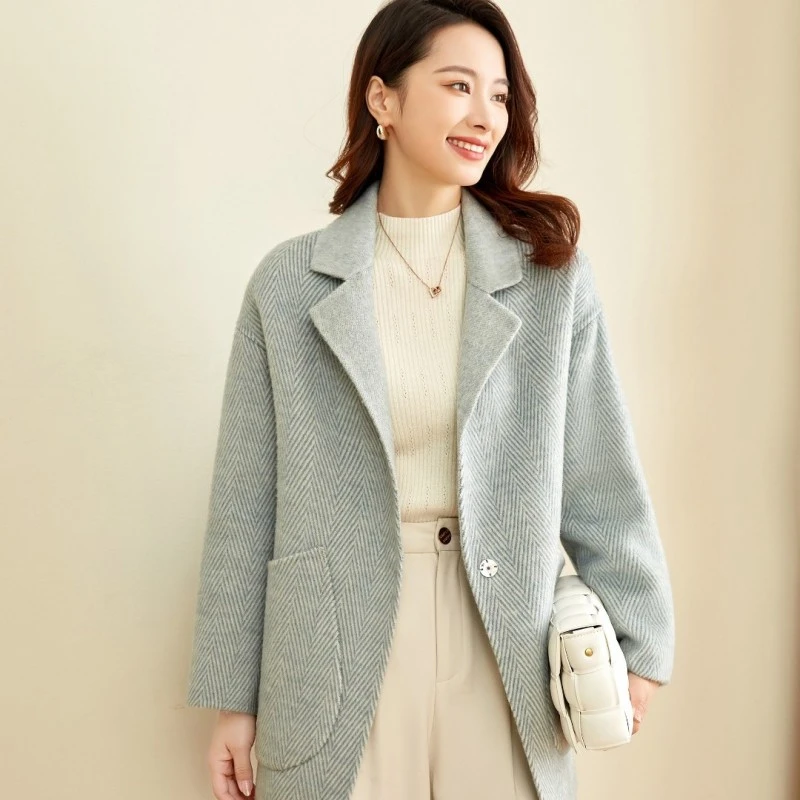 宣扬3207  双面羊毛大衣女秋冬羊毛短款呢子西装领高级感毛呢外套