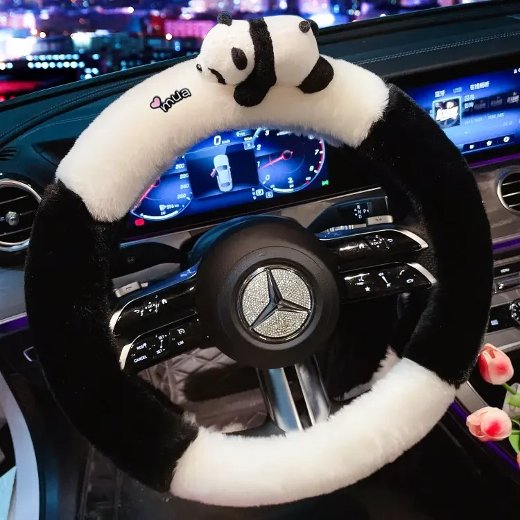 i新疆包邮】冬季汽车毛绒方向盘套可爱网红熊猫黑白保暖防滑通1