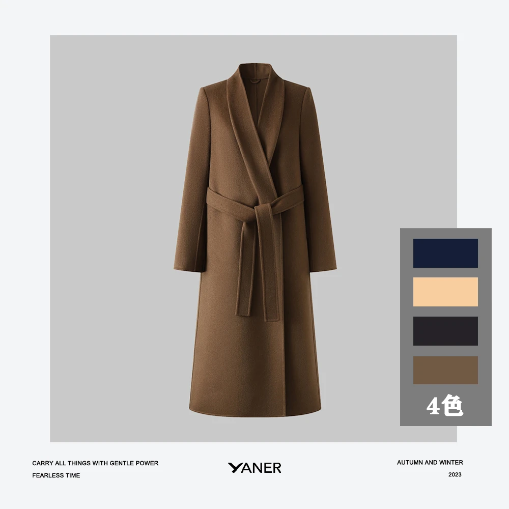 YANER/燕尔琼瑶10羊绒女士双面呢气质轻奢轻果领中长款毛呢大衣